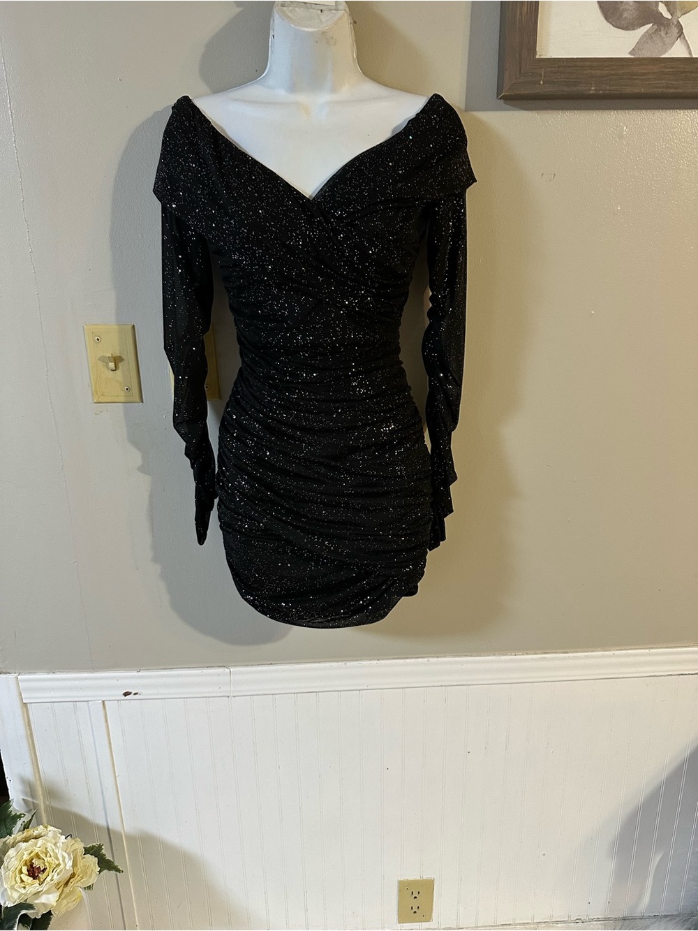Black Sparkle Off-Shoulder Ruched Mini Dress